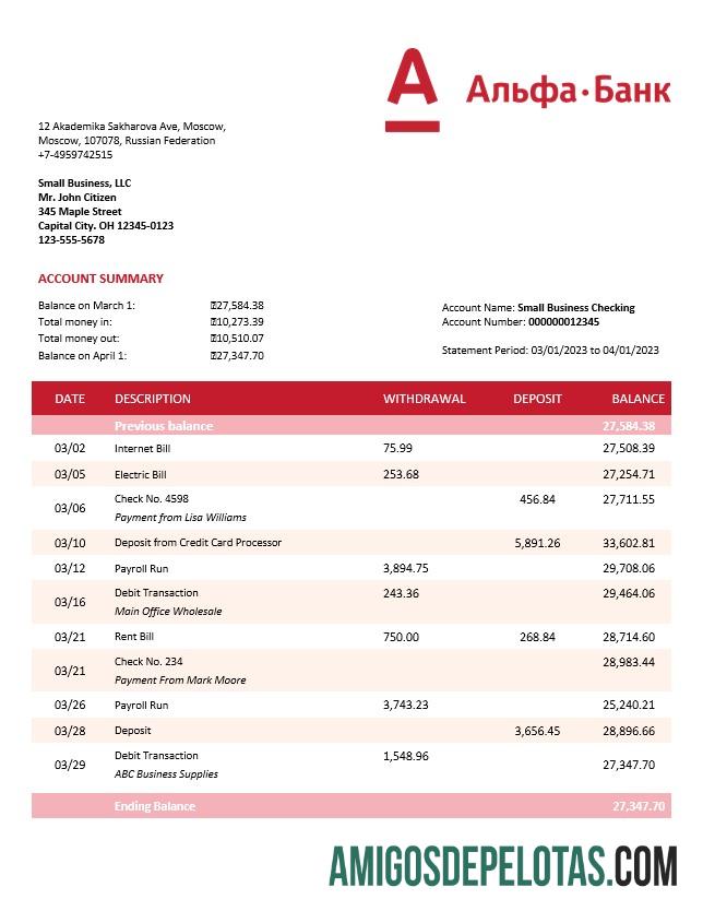 Em branco Alfa Bank Organization Checking modelo de extrato de conta Word e PDF